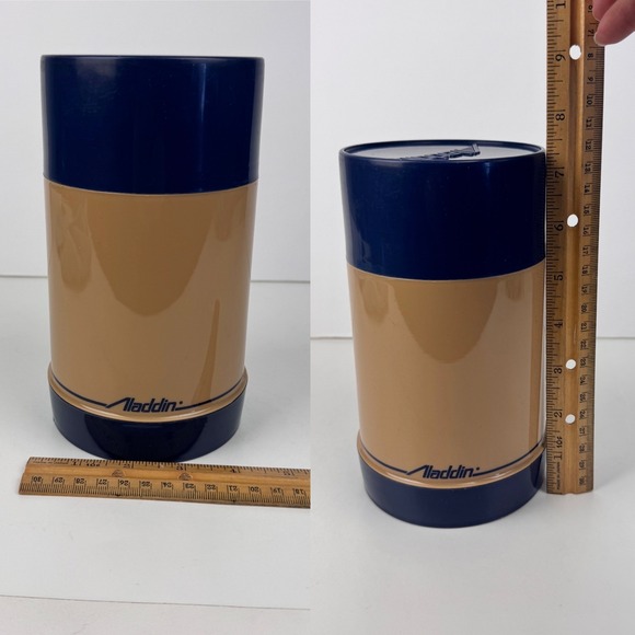 Vtg Aladdin Plastic Travel Thermos Tan Blue Pint Wide Mouth Decor Upcycle READ - Picture 3 of 11